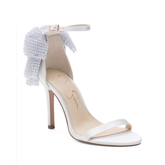 Jessica Simpson Shoes - White Satin Heels Jessica Simpson Jeweled Bow Stiletto‎ Size 8.5 NWT